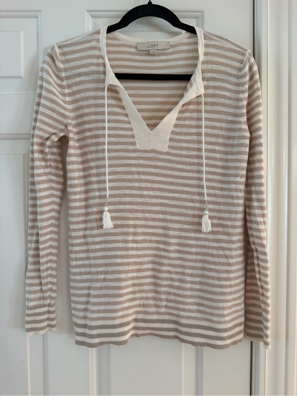 LOFT Beige & White Striped V‑Neck Tassel Sweater